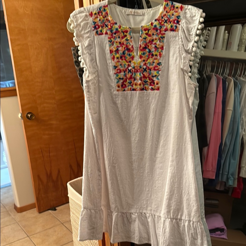 White Woman’s Dress with Colorful Embroidery - Picture 1 of 16